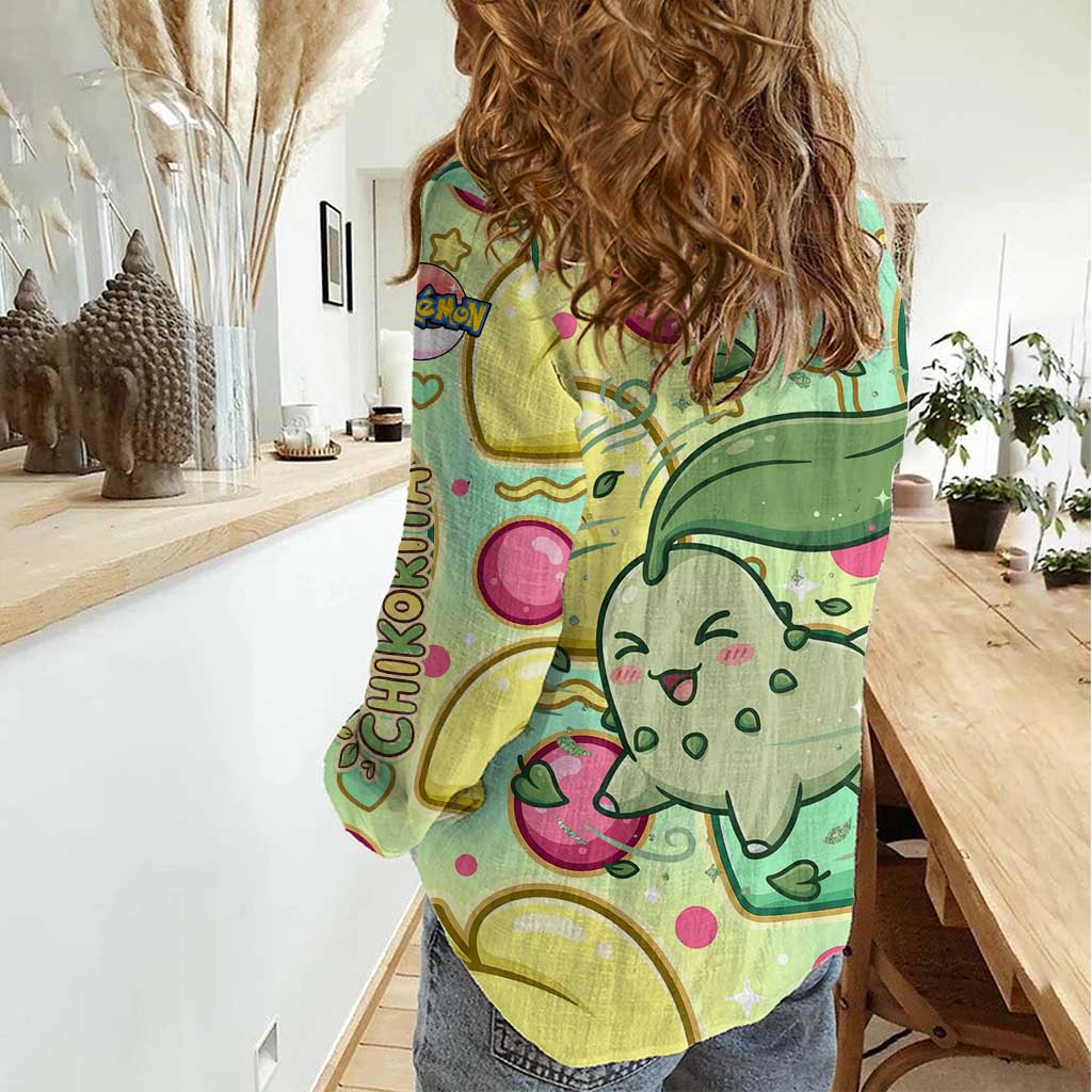 Chikorita Women Casual Shirt Vibrant Pastel Leaf Pop Art