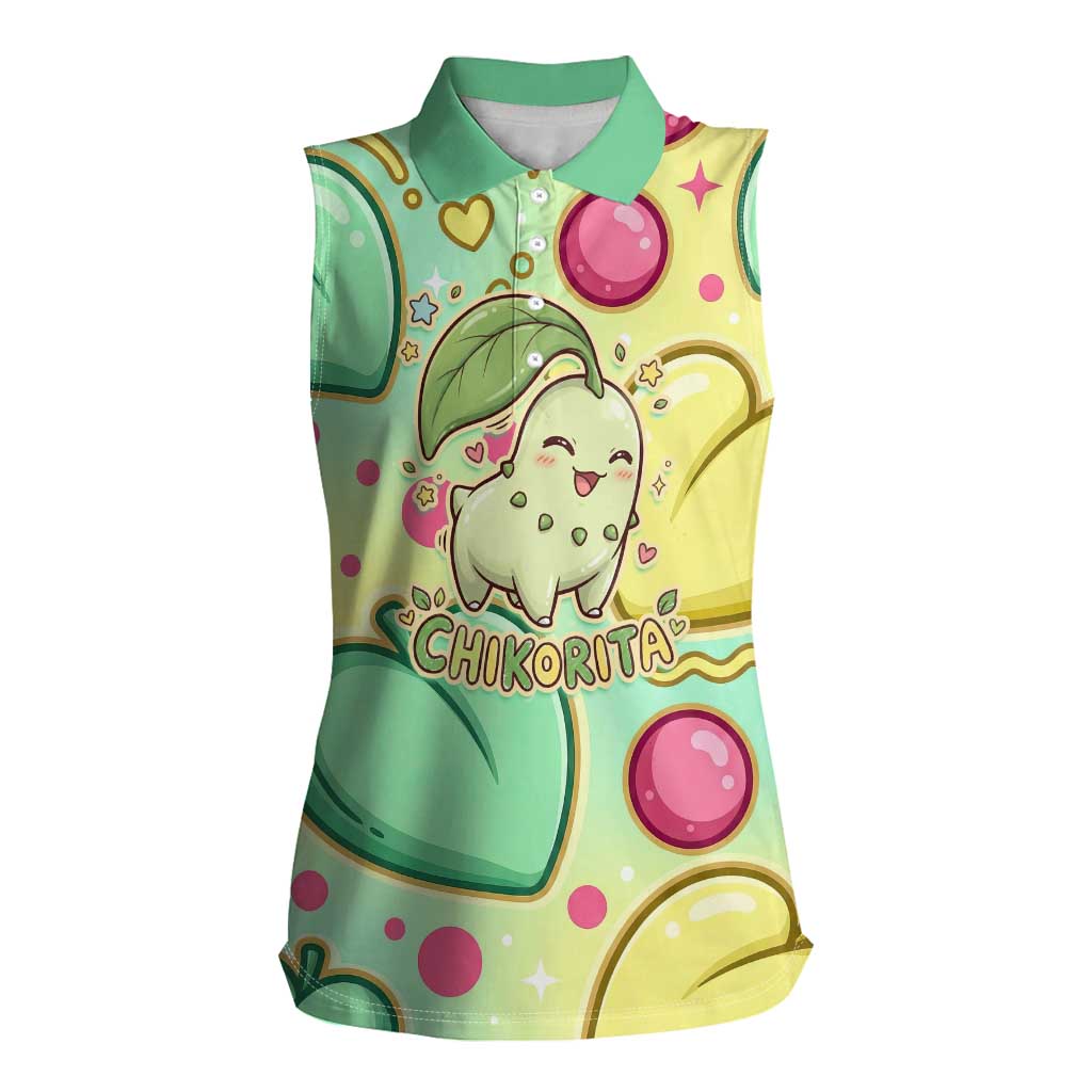 Chikorita Women Sleeveless Polo Shirt Vibrant Pastel Leaf Pop Art