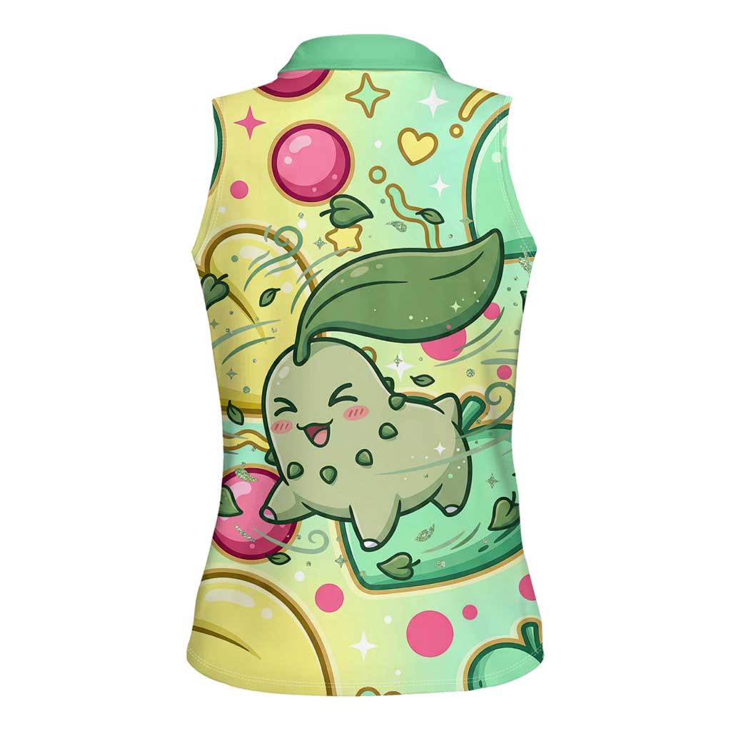Chikorita Women Sleeveless Polo Shirt Vibrant Pastel Leaf Pop Art