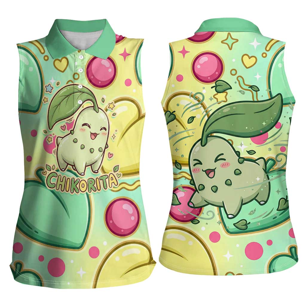 Chikorita Women Sleeveless Polo Shirt Vibrant Pastel Leaf Pop Art