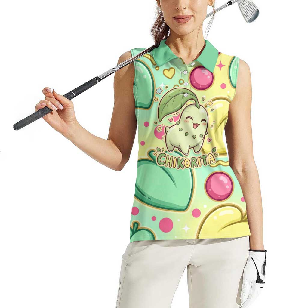 Chikorita Women Sleeveless Polo Shirt Vibrant Pastel Leaf Pop Art