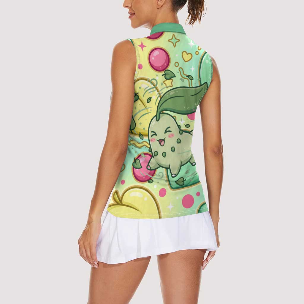 Chikorita Women Sleeveless Polo Shirt Vibrant Pastel Leaf Pop Art