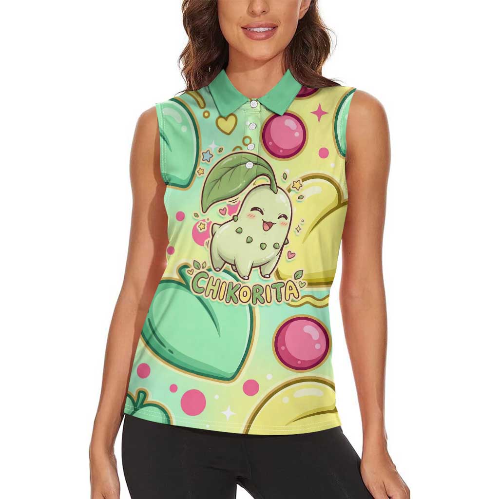 Chikorita Women Sleeveless Polo Shirt Vibrant Pastel Leaf Pop Art