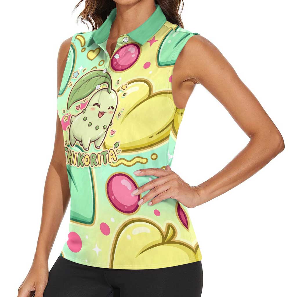Chikorita Women Sleeveless Polo Shirt Vibrant Pastel Leaf Pop Art