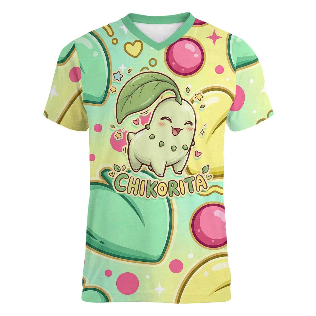 Chikorita Women V-Neck T-Shirt Vibrant Pastel Leaf Pop Art