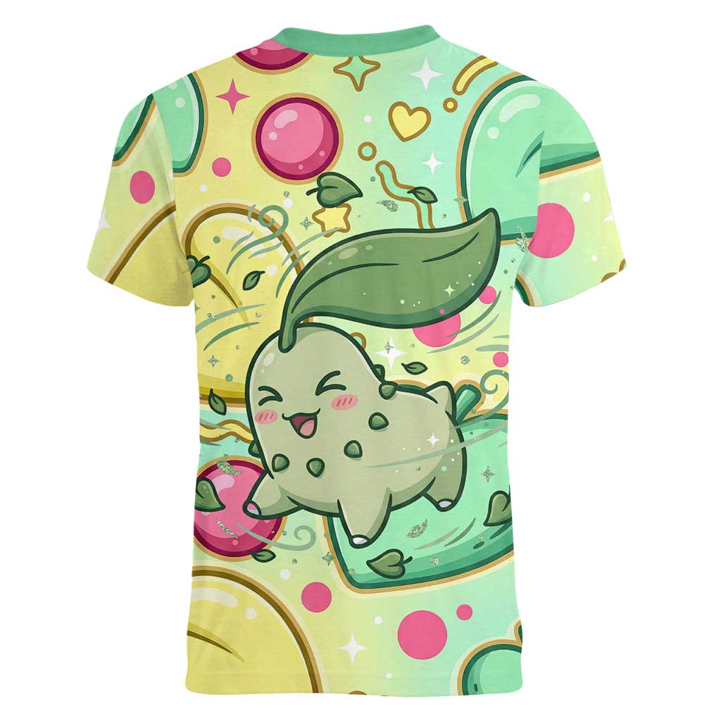 Chikorita Women V-Neck T-Shirt Vibrant Pastel Leaf Pop Art
