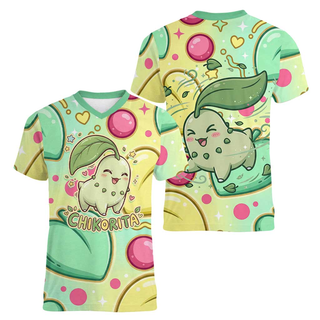 Chikorita Women V-Neck T-Shirt Vibrant Pastel Leaf Pop Art