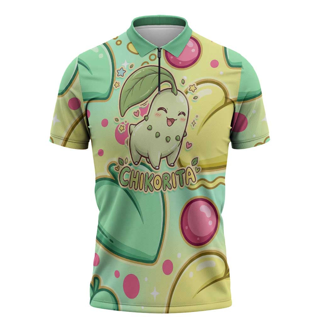 Chikorita Zipper Polo Shirt Vibrant Pastel Leaf Pop Art