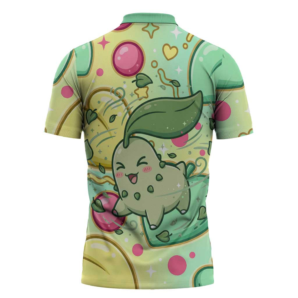 Chikorita Zipper Polo Shirt Vibrant Pastel Leaf Pop Art