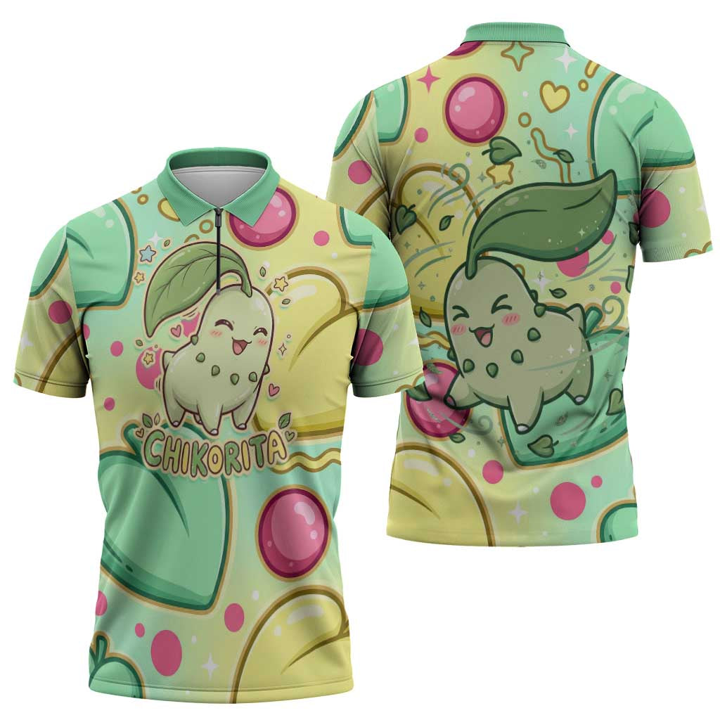 Chikorita Zipper Polo Shirt Vibrant Pastel Leaf Pop Art