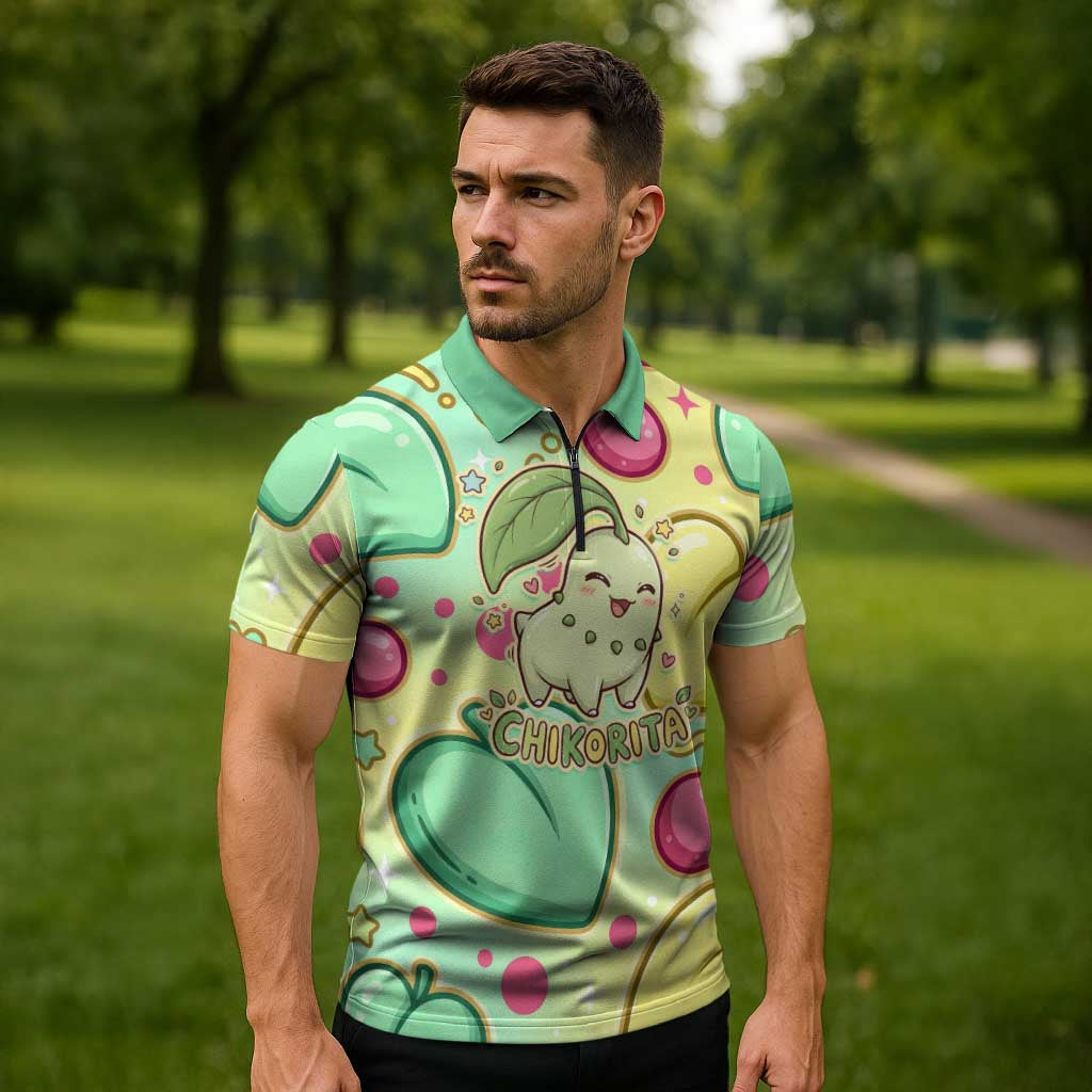 Chikorita Zipper Polo Shirt Vibrant Pastel Leaf Pop Art