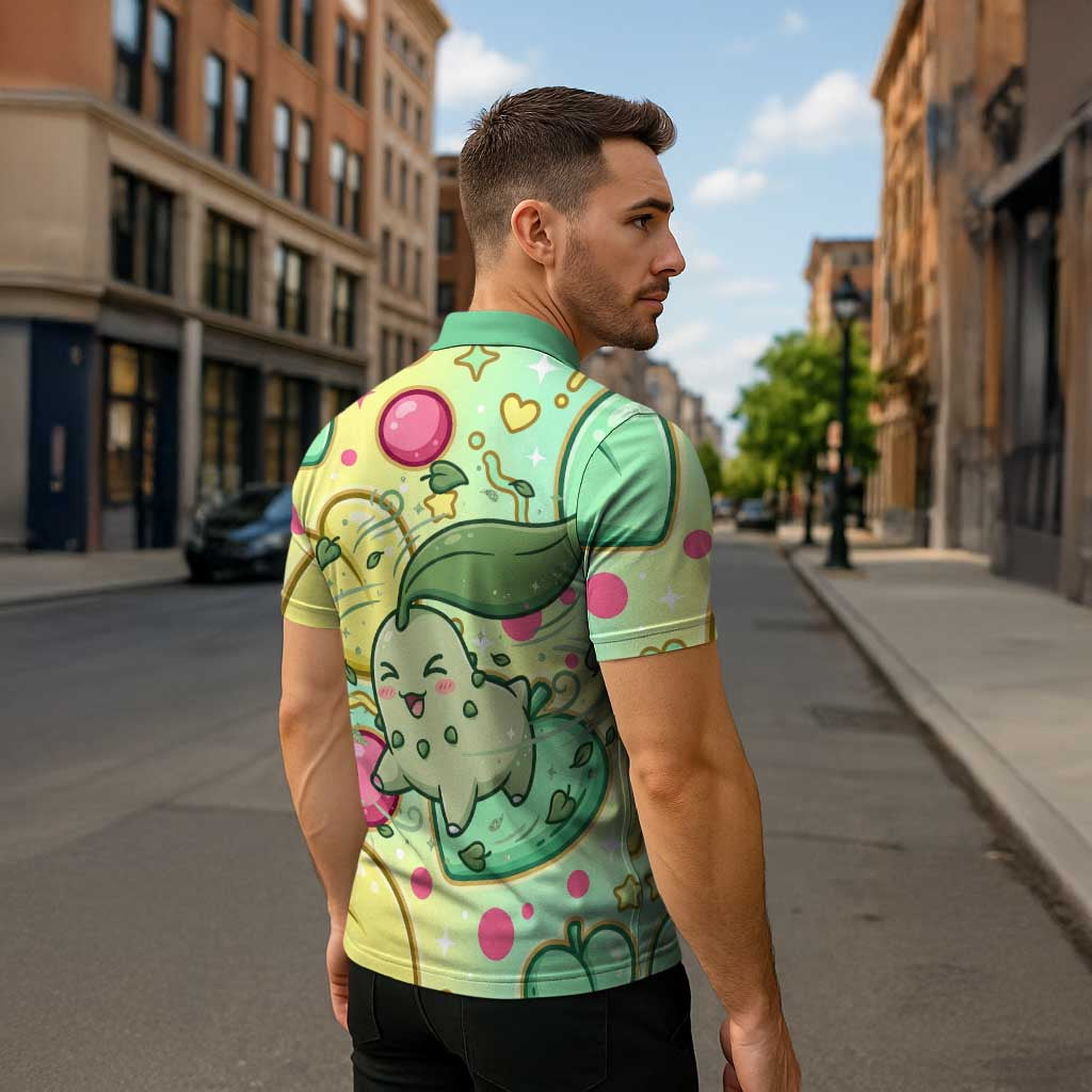 Chikorita Zipper Polo Shirt Vibrant Pastel Leaf Pop Art