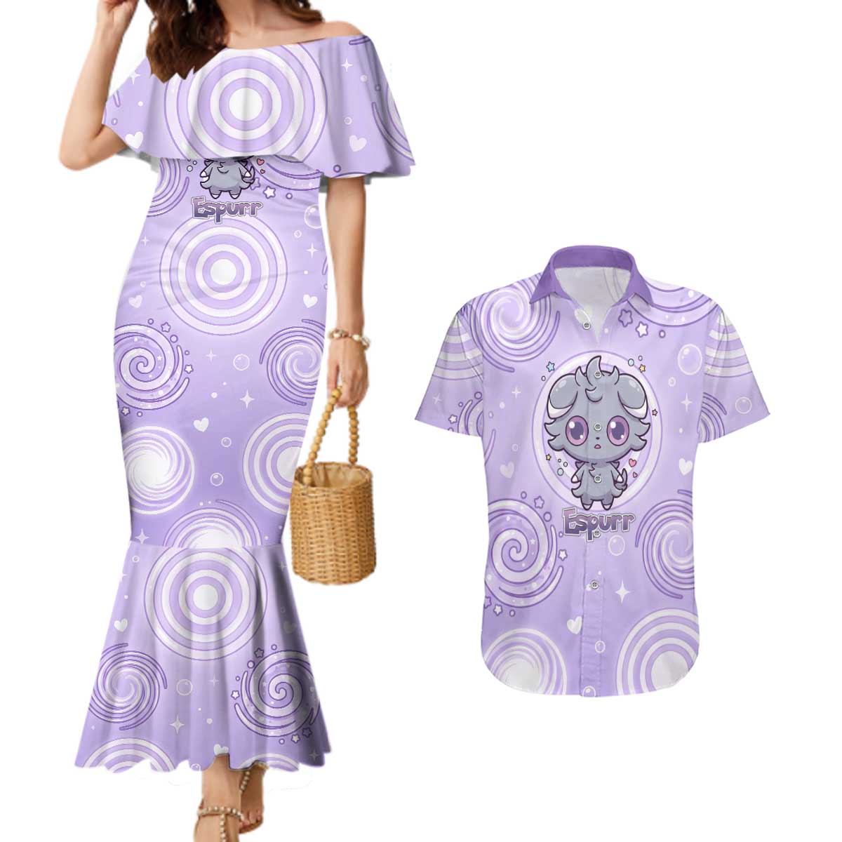 Espurr Couples Matching Mermaid Dress and Hawaiian Shirt Hypnotic Pastel Psychic Swirl Art
