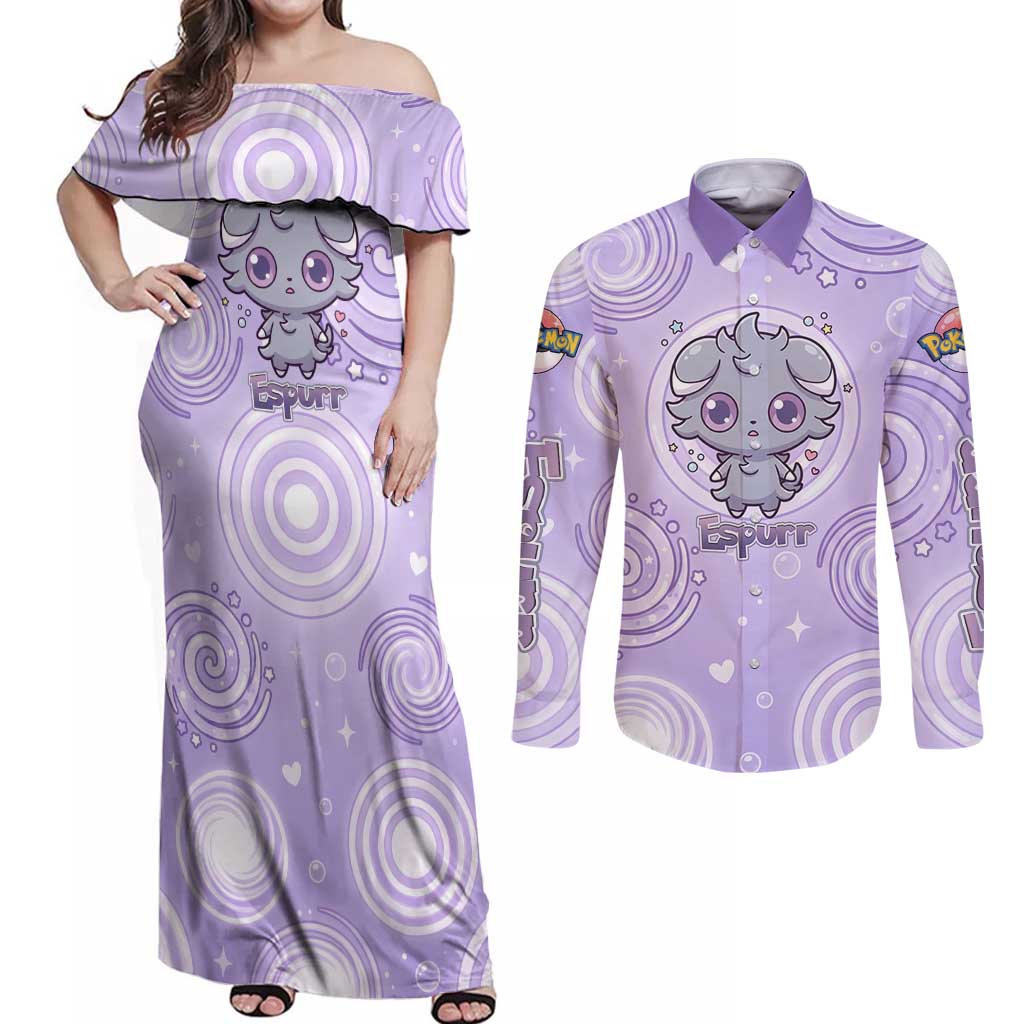 Espurr Couples Matching Off Shoulder Maxi Dress and Long Sleeve Button Shirt Hypnotic Pastel Psychic Swirl Art