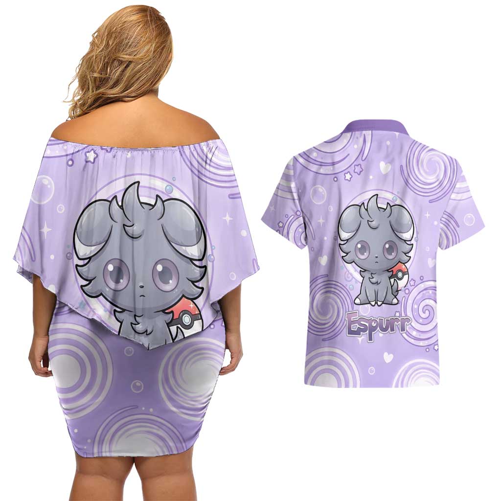 Espurr Couples Matching Off Shoulder Short Dress and Hawaiian Shirt Hypnotic Pastel Psychic Swirl Art