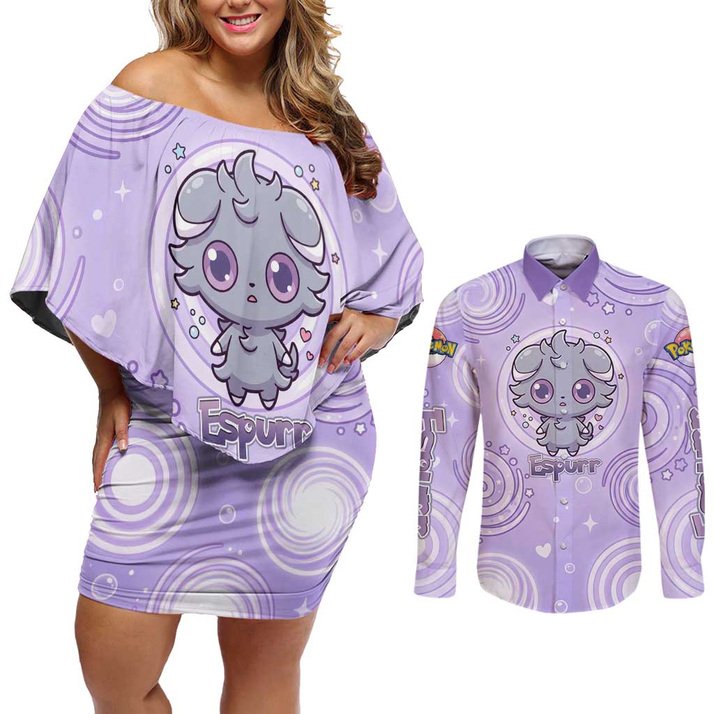 Espurr Couples Matching Off Shoulder Short Dress and Long Sleeve Button Shirt Hypnotic Pastel Psychic Swirl Art