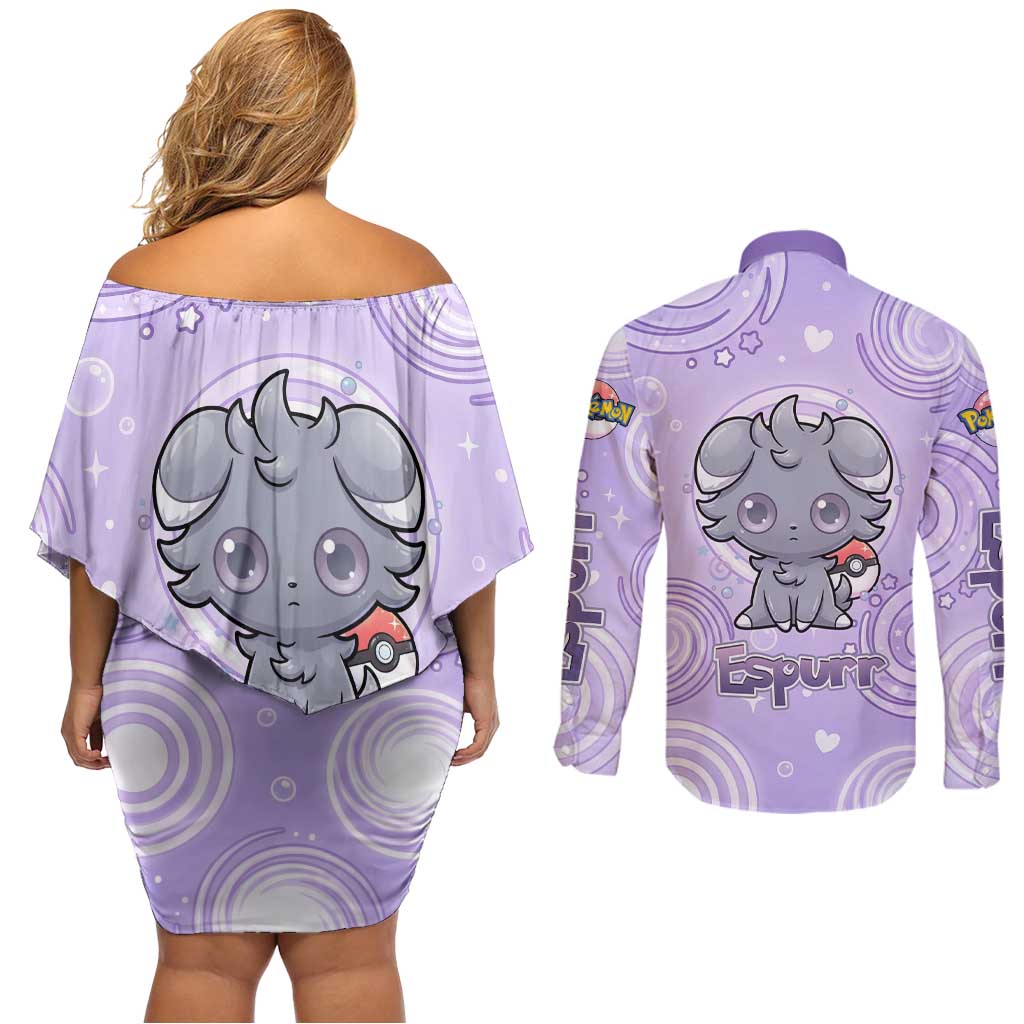 Espurr Couples Matching Off Shoulder Short Dress and Long Sleeve Button Shirt Hypnotic Pastel Psychic Swirl Art