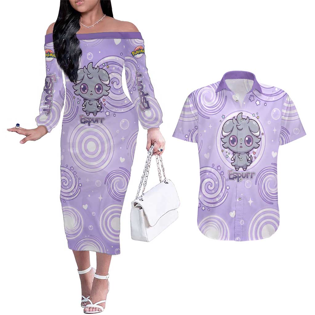 Espurr Couples Matching Off The Shoulder Long Sleeve Dress and Hawaiian Shirt Hypnotic Pastel Psychic Swirl Art