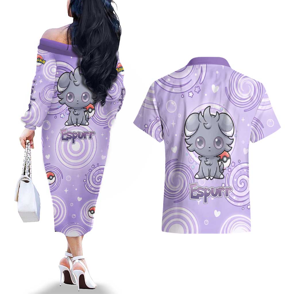 Espurr Couples Matching Off The Shoulder Long Sleeve Dress and Hawaiian Shirt Hypnotic Pastel Psychic Swirl Art
