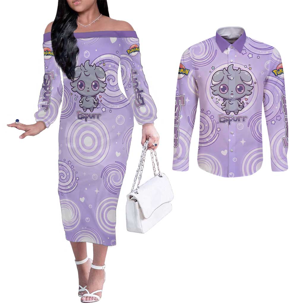Espurr Couples Matching Off The Shoulder Long Sleeve Dress and Long Sleeve Button Shirt Hypnotic Pastel Psychic Swirl Art