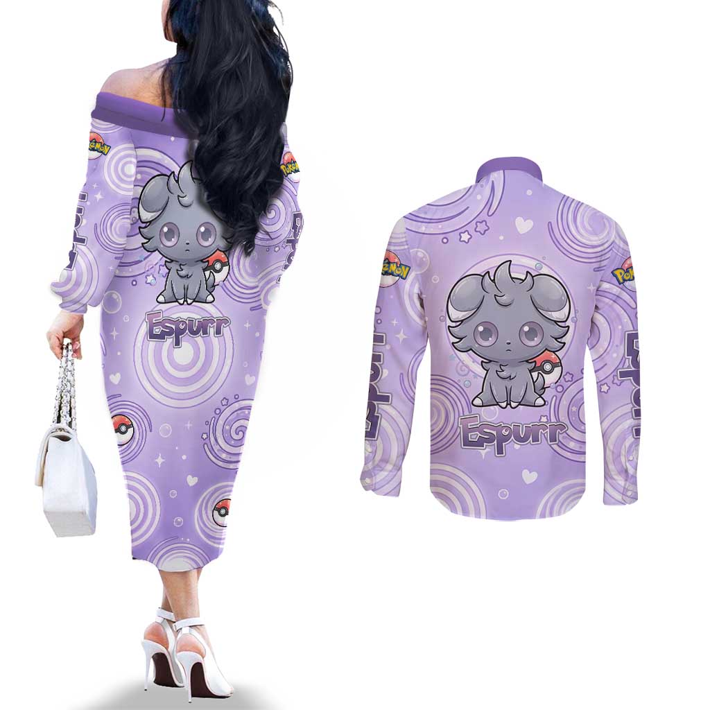 Espurr Couples Matching Off The Shoulder Long Sleeve Dress and Long Sleeve Button Shirt Hypnotic Pastel Psychic Swirl Art