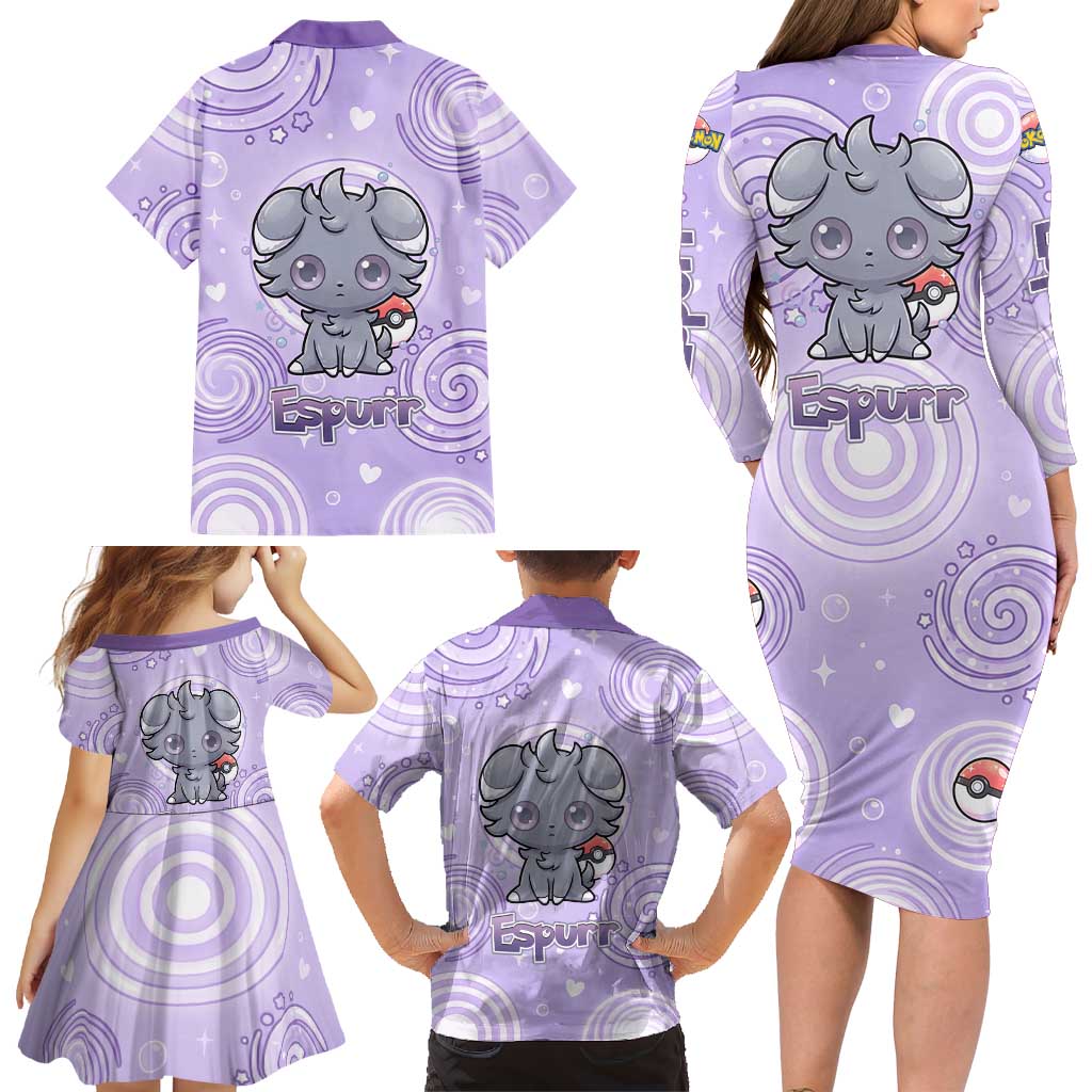 Espurr Family Matching Long Sleeve Bodycon Dress and Hawaiian Shirt Hypnotic Pastel Psychic Swirl Art