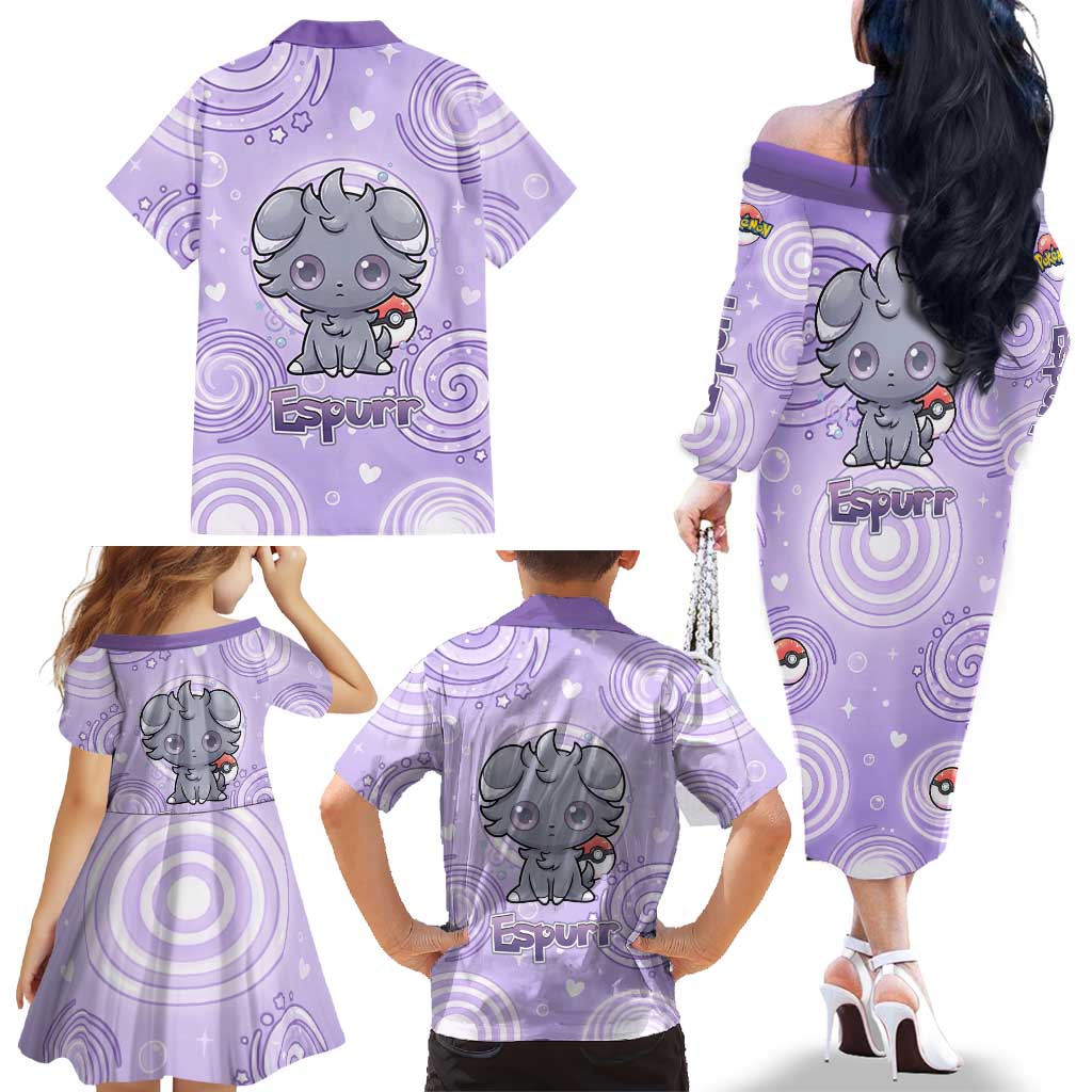 Espurr Family Matching Off The Shoulder Long Sleeve Dress and Hawaiian Shirt Hypnotic Pastel Psychic Swirl Art