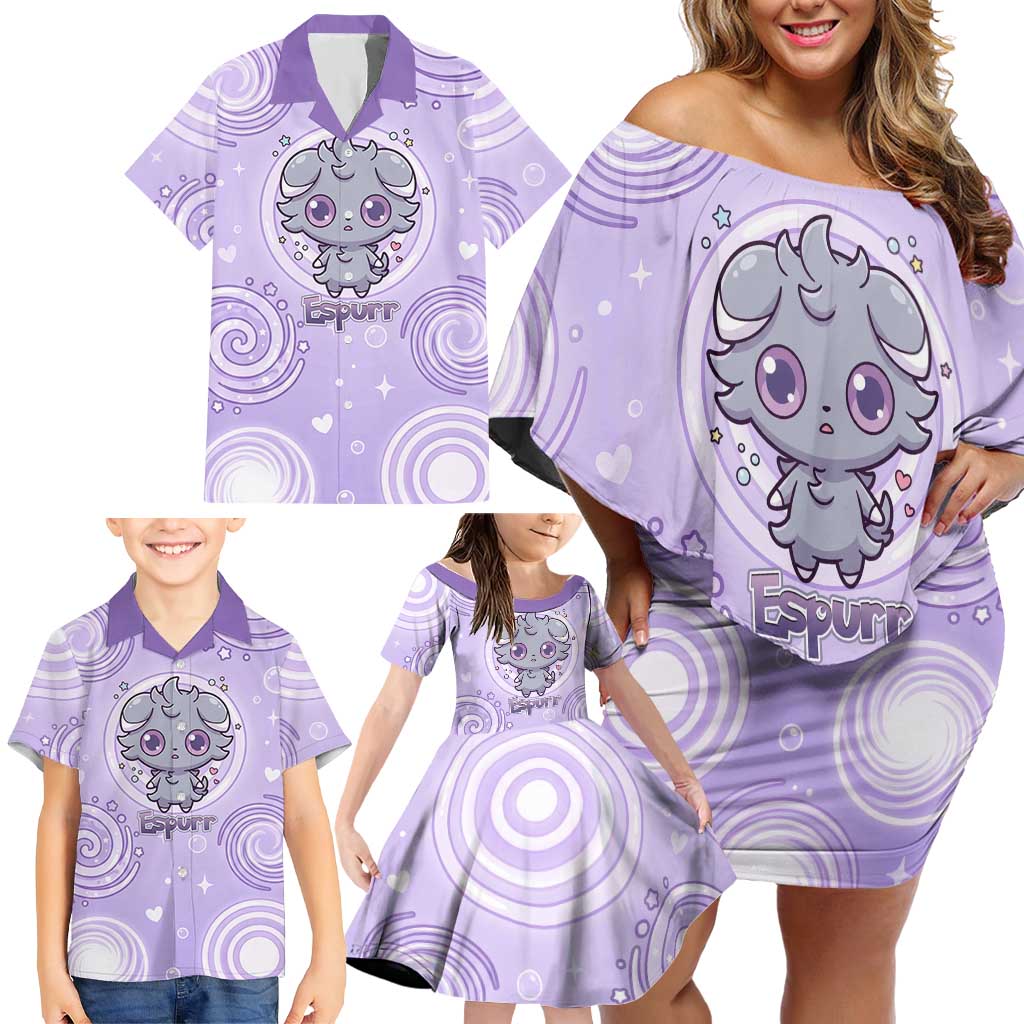 Espurr Family Matching Off Shoulder Short Dress and Hawaiian Shirt Hypnotic Pastel Psychic Swirl Art