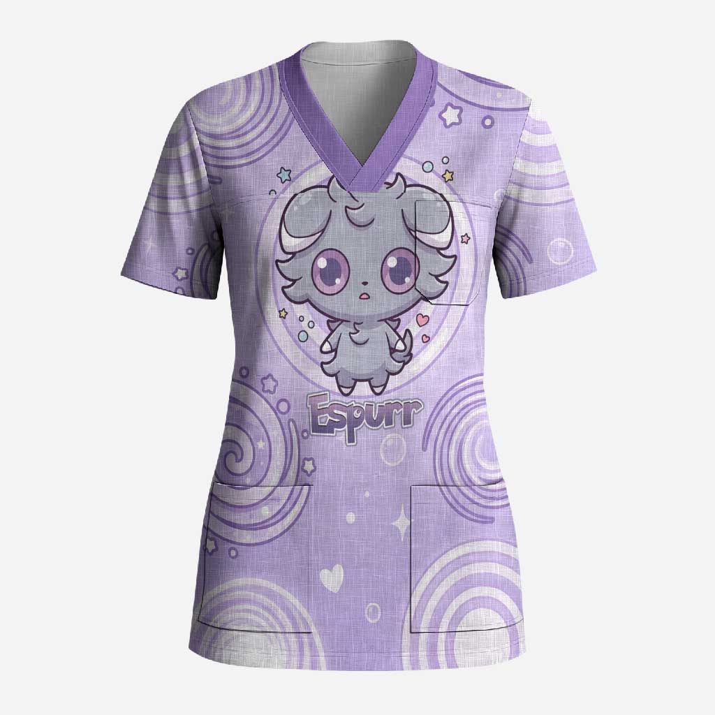 Espurr Scrub Top Hypnotic Pastel Psychic Swirl Art