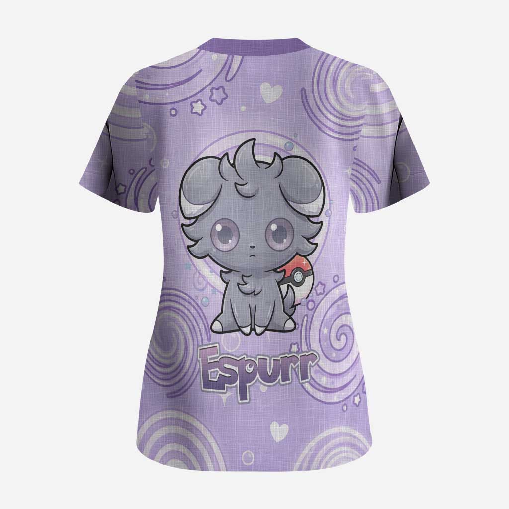 Espurr Scrub Top Hypnotic Pastel Psychic Swirl Art