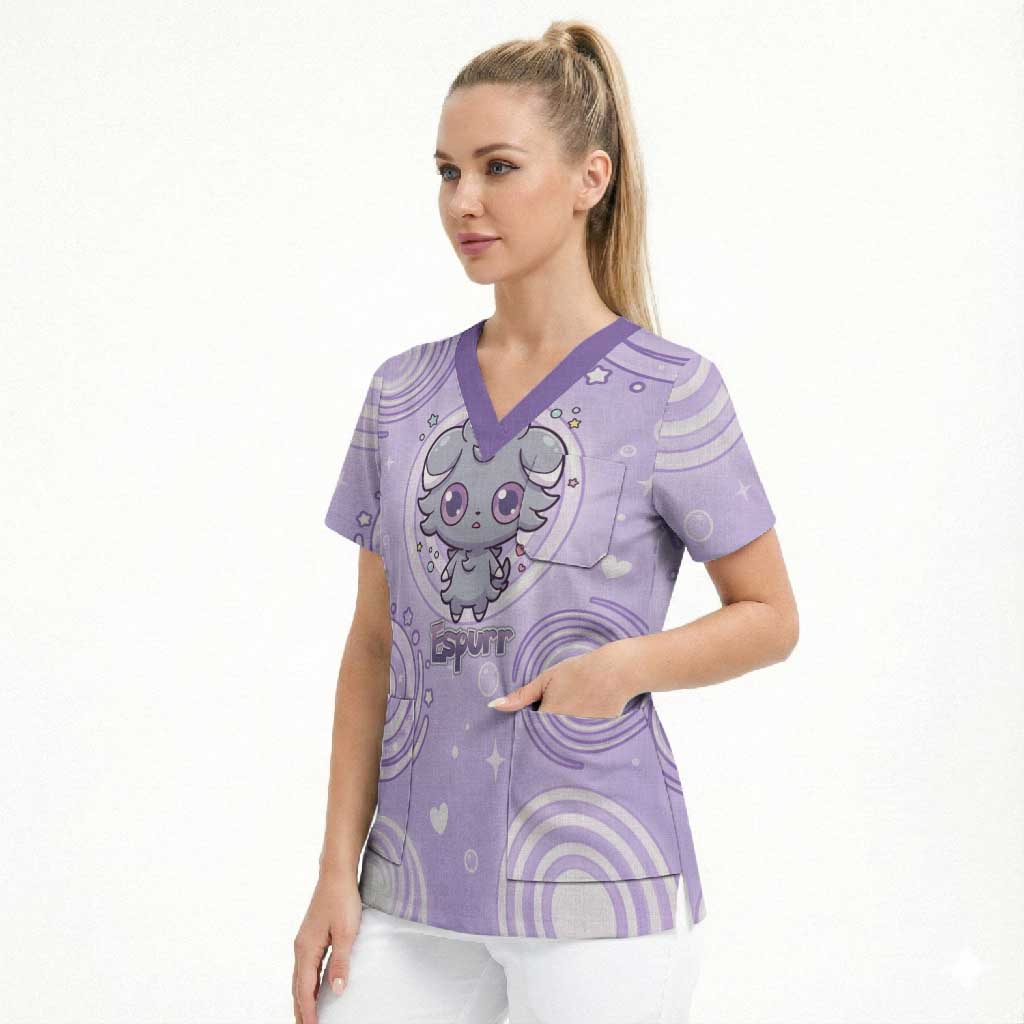 Espurr Scrub Top Hypnotic Pastel Psychic Swirl Art