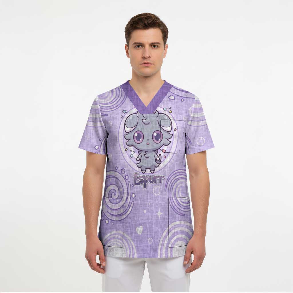 Espurr Scrub Top Hypnotic Pastel Psychic Swirl Art