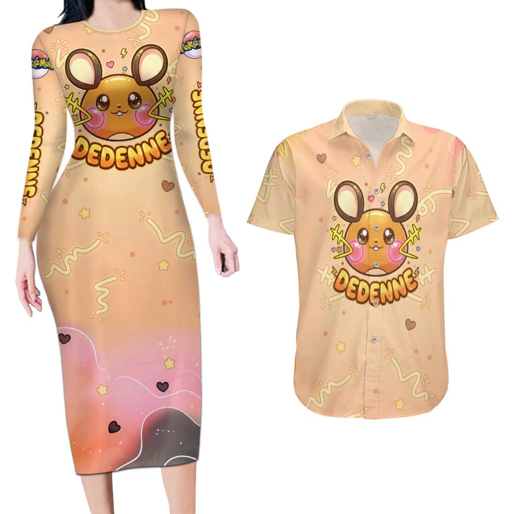 Dedenne Couples Matching Long Sleeve Bodycon Dress and Hawaiian Shirt Sweet Electric Berry Pop Art
