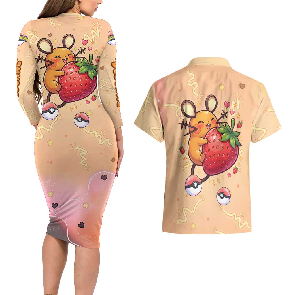Dedenne Couples Matching Long Sleeve Bodycon Dress and Hawaiian Shirt Sweet Electric Berry Pop Art