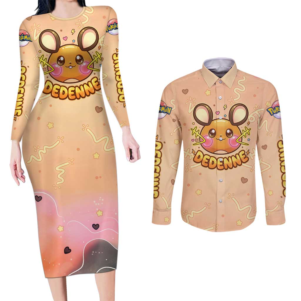 Dedenne Couples Matching Long Sleeve Bodycon Dress and Long Sleeve Button Shirt Sweet Electric Berry Pop Art