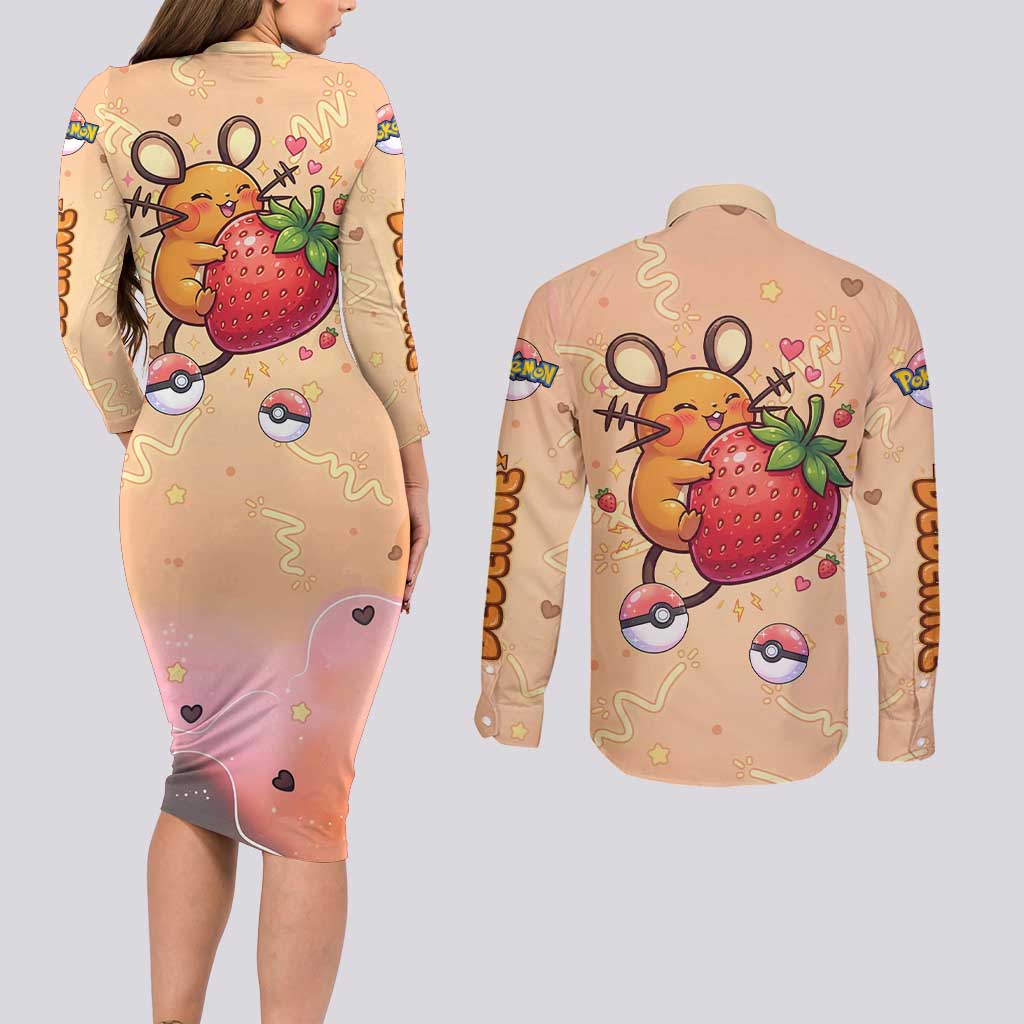 Dedenne Couples Matching Long Sleeve Bodycon Dress and Long Sleeve Button Shirt Sweet Electric Berry Pop Art
