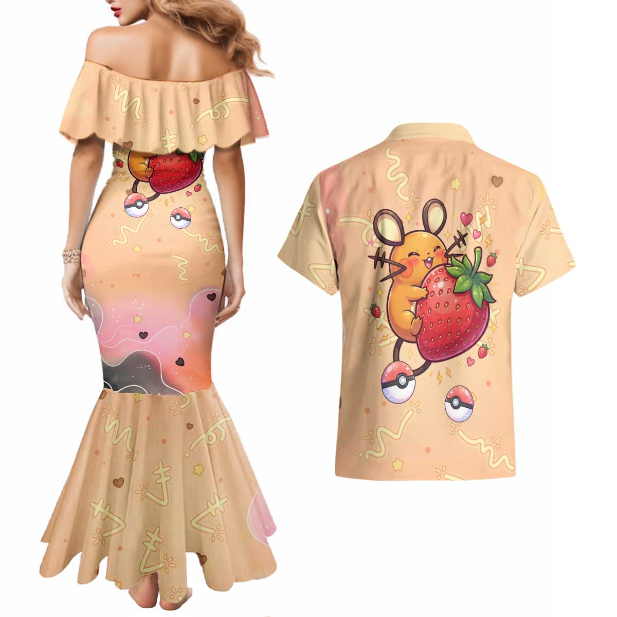 Dedenne Couples Matching Mermaid Dress and Hawaiian Shirt Sweet Electric Berry Pop Art