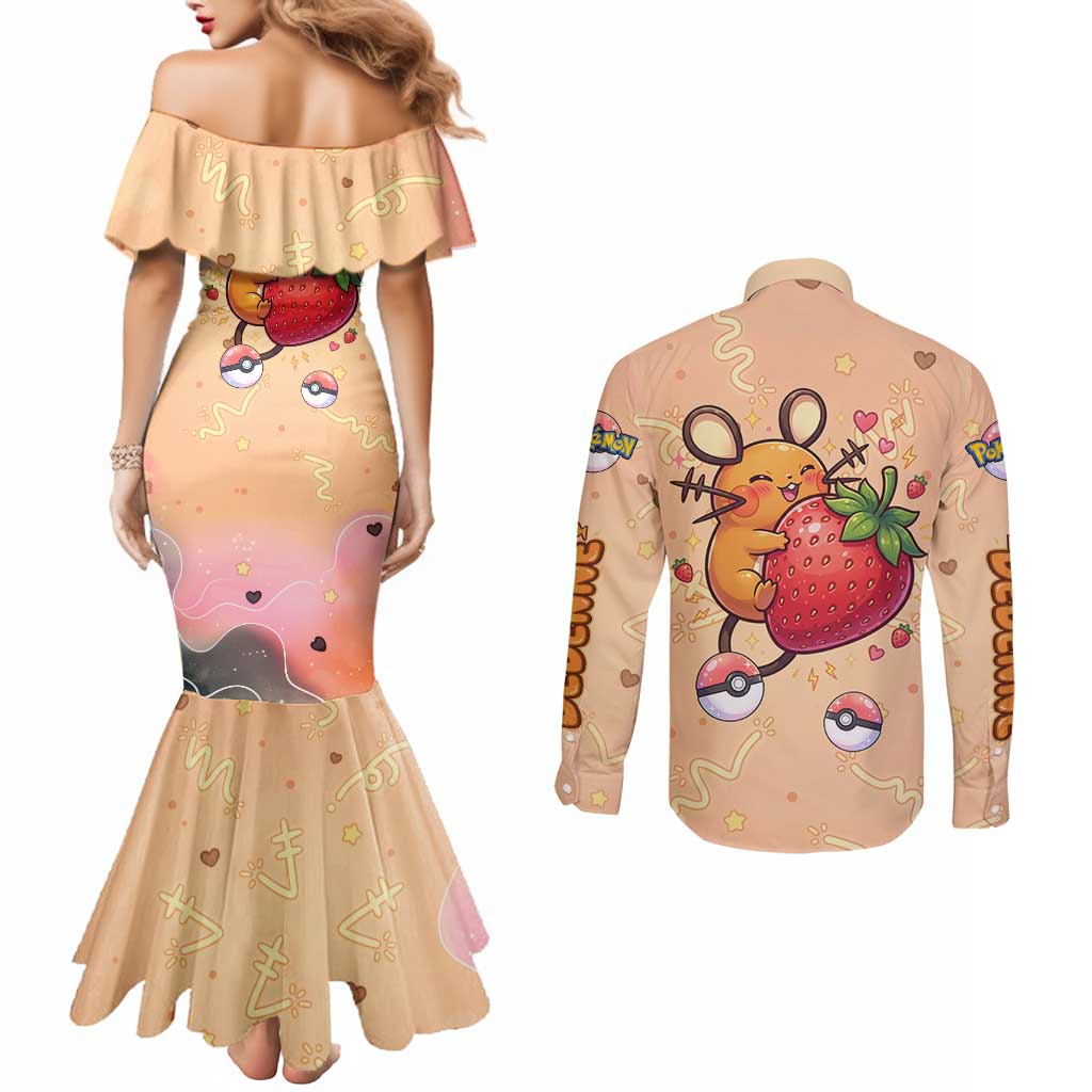 Dedenne Couples Matching Mermaid Dress and Long Sleeve Button Shirt Sweet Electric Berry Pop Art