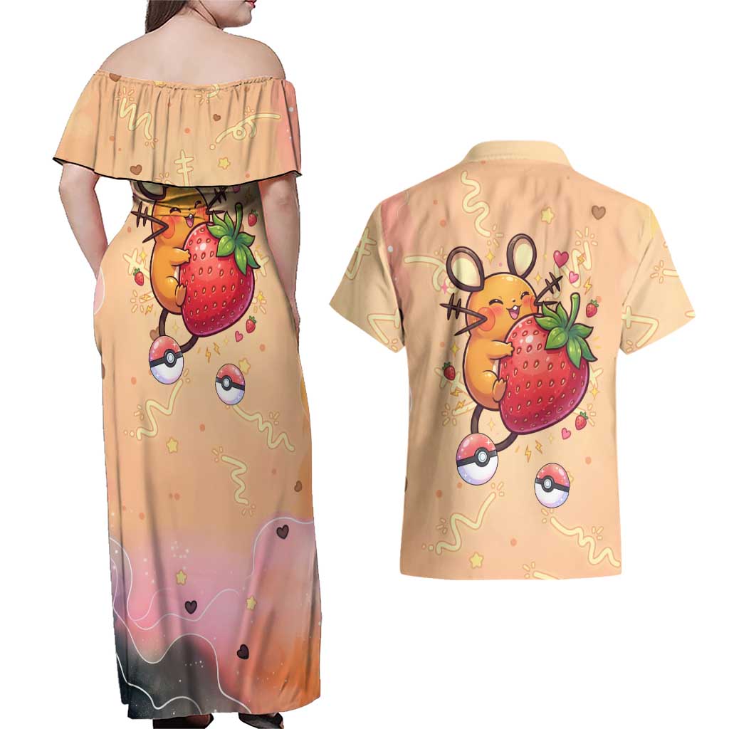Dedenne Couples Matching Off Shoulder Maxi Dress and Hawaiian Shirt Sweet Electric Berry Pop Art