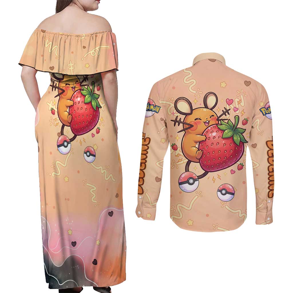 Dedenne Couples Matching Off Shoulder Maxi Dress and Long Sleeve Button Shirt Sweet Electric Berry Pop Art