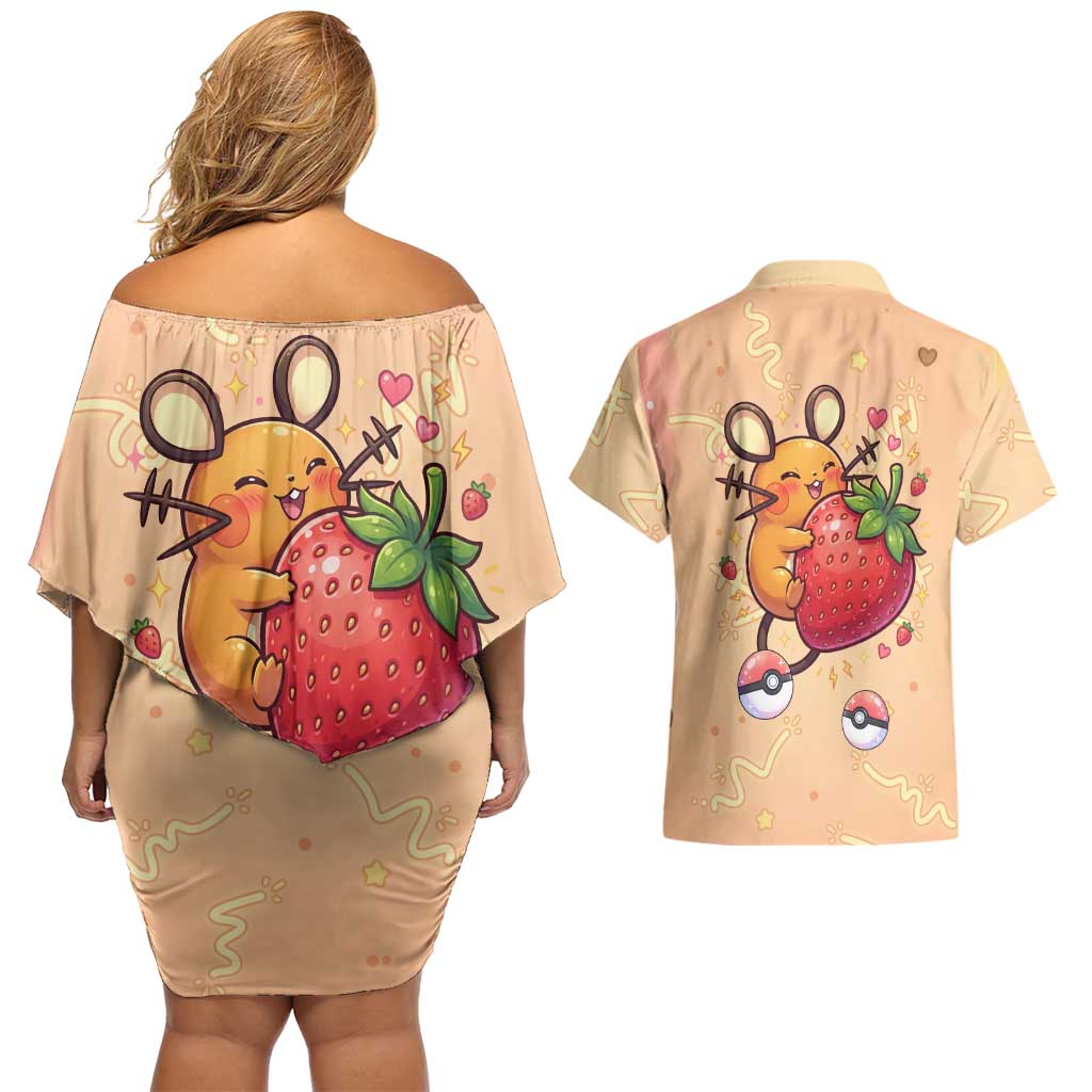 Dedenne Couples Matching Off Shoulder Short Dress and Hawaiian Shirt Sweet Electric Berry Pop Art
