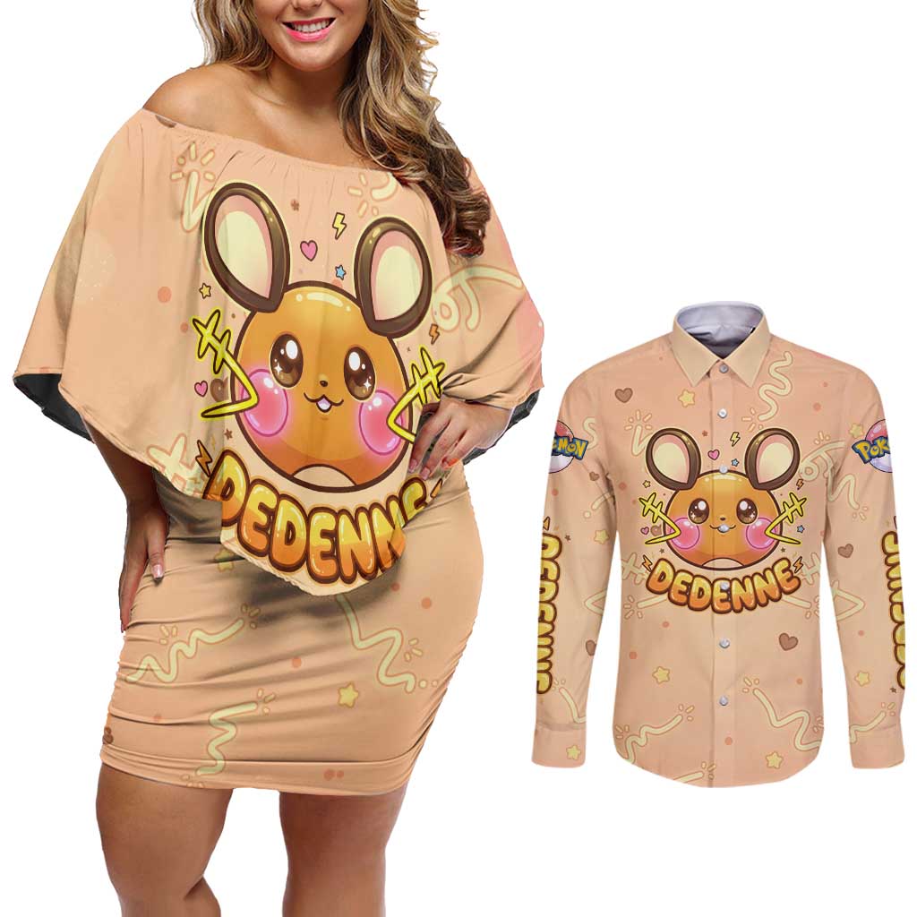 Dedenne Couples Matching Off Shoulder Short Dress and Long Sleeve Button Shirt Sweet Electric Berry Pop Art