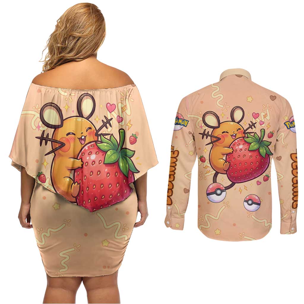Dedenne Couples Matching Off Shoulder Short Dress and Long Sleeve Button Shirt Sweet Electric Berry Pop Art