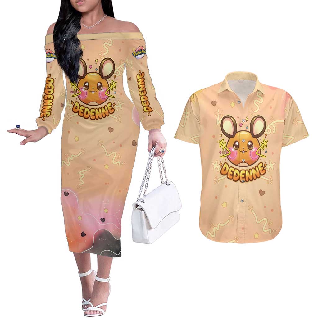 Dedenne Couples Matching Off The Shoulder Long Sleeve Dress and Hawaiian Shirt Sweet Electric Berry Pop Art