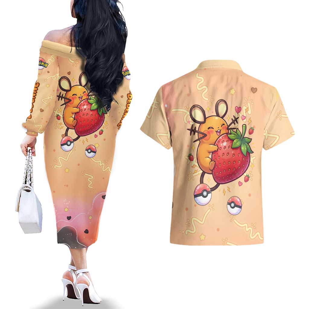 Dedenne Couples Matching Off The Shoulder Long Sleeve Dress and Hawaiian Shirt Sweet Electric Berry Pop Art