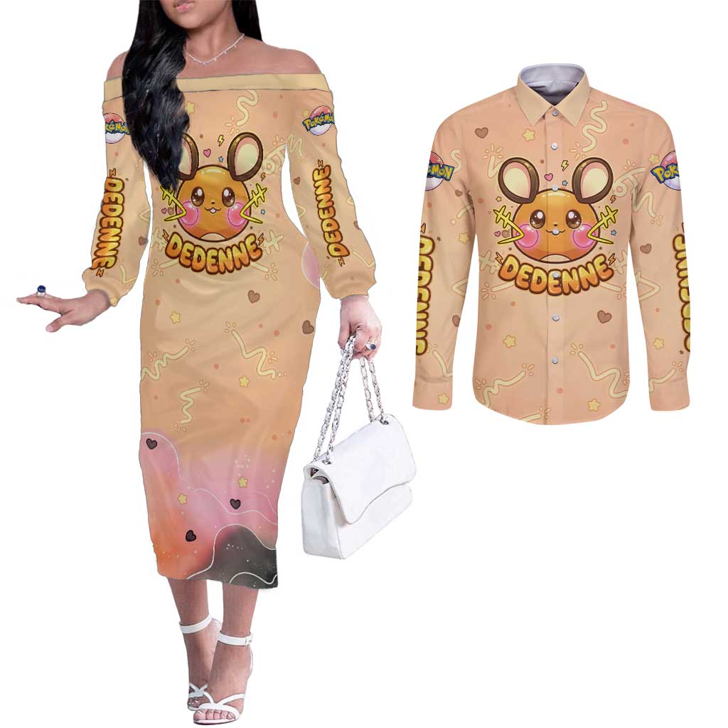 Dedenne Couples Matching Off The Shoulder Long Sleeve Dress and Long Sleeve Button Shirt Sweet Electric Berry Pop Art