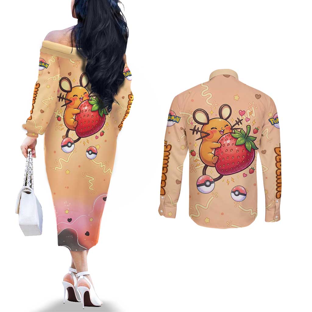 Dedenne Couples Matching Off The Shoulder Long Sleeve Dress and Long Sleeve Button Shirt Sweet Electric Berry Pop Art