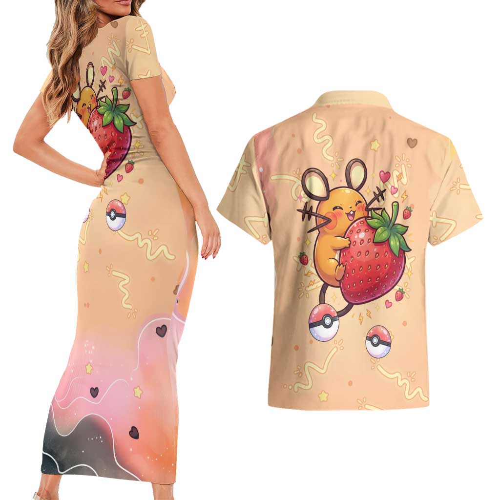 Dedenne Couples Matching Short Sleeve Bodycon Dress and Hawaiian Shirt Sweet Electric Berry Pop Art