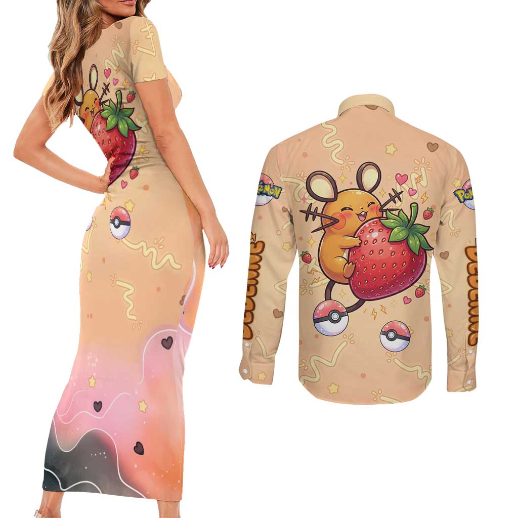 Dedenne Couples Matching Short Sleeve Bodycon Dress and Long Sleeve Button Shirt Sweet Electric Berry Pop Art