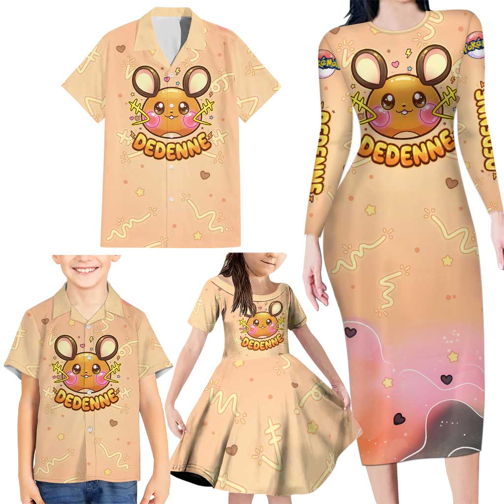Dedenne Family Matching Long Sleeve Bodycon Dress and Hawaiian Shirt Sweet Electric Berry Pop Art